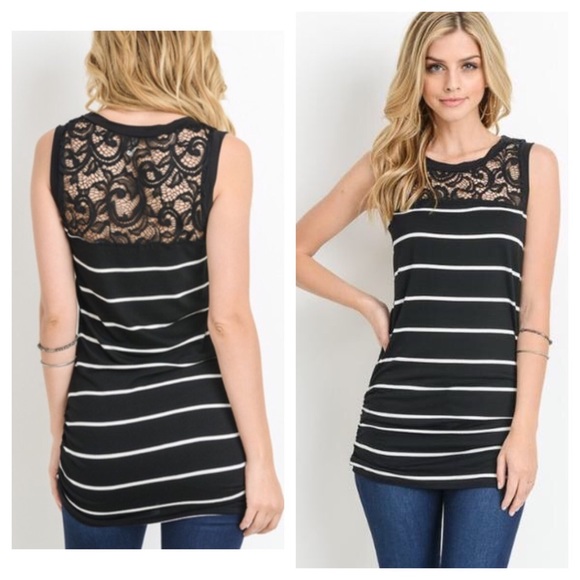 Tops - Striped Ruched Lace Top Tops - Striped Ruched Lace Top